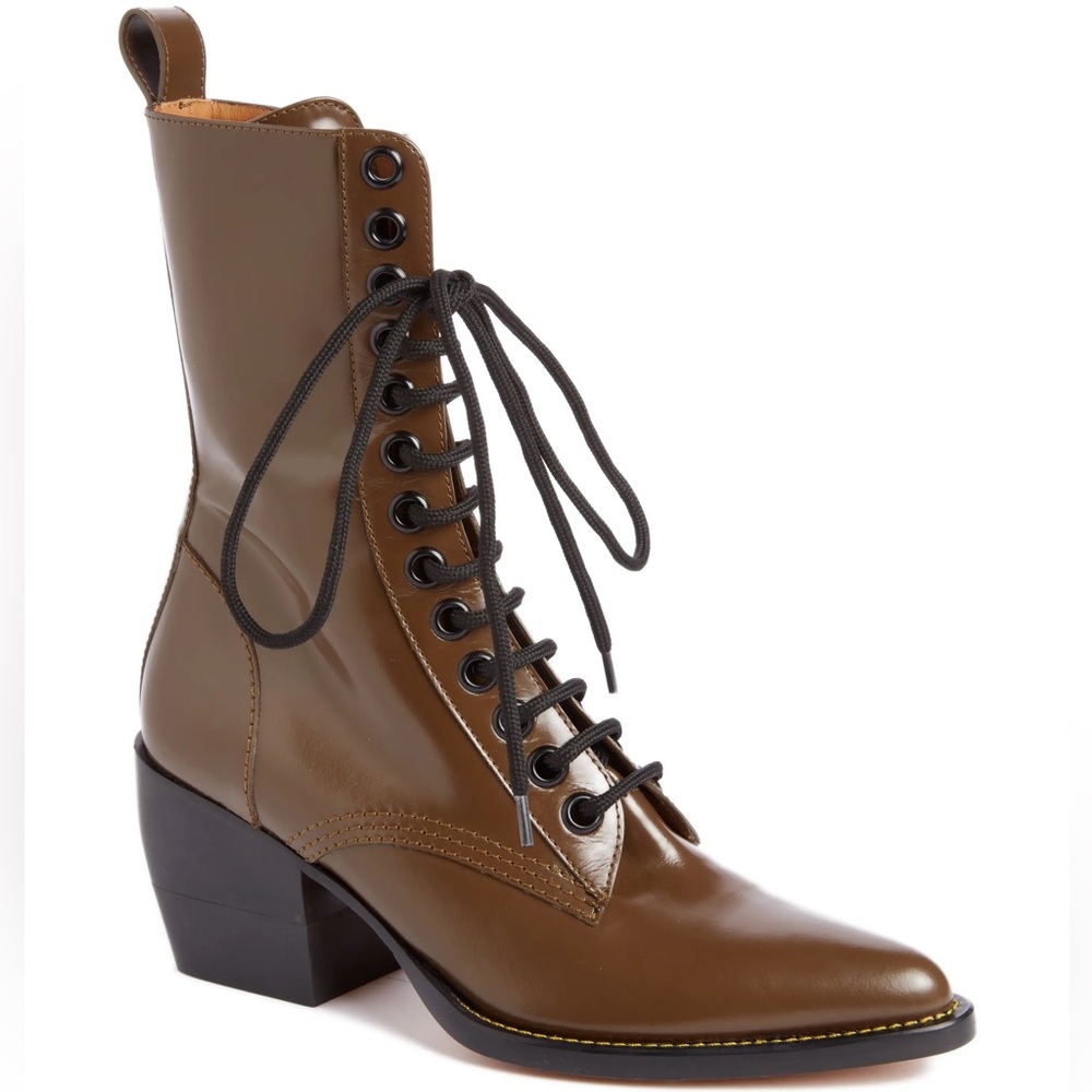 NWT Chloé Rylee Glossed Lace Up Boot – Size 41 EU (US 10)